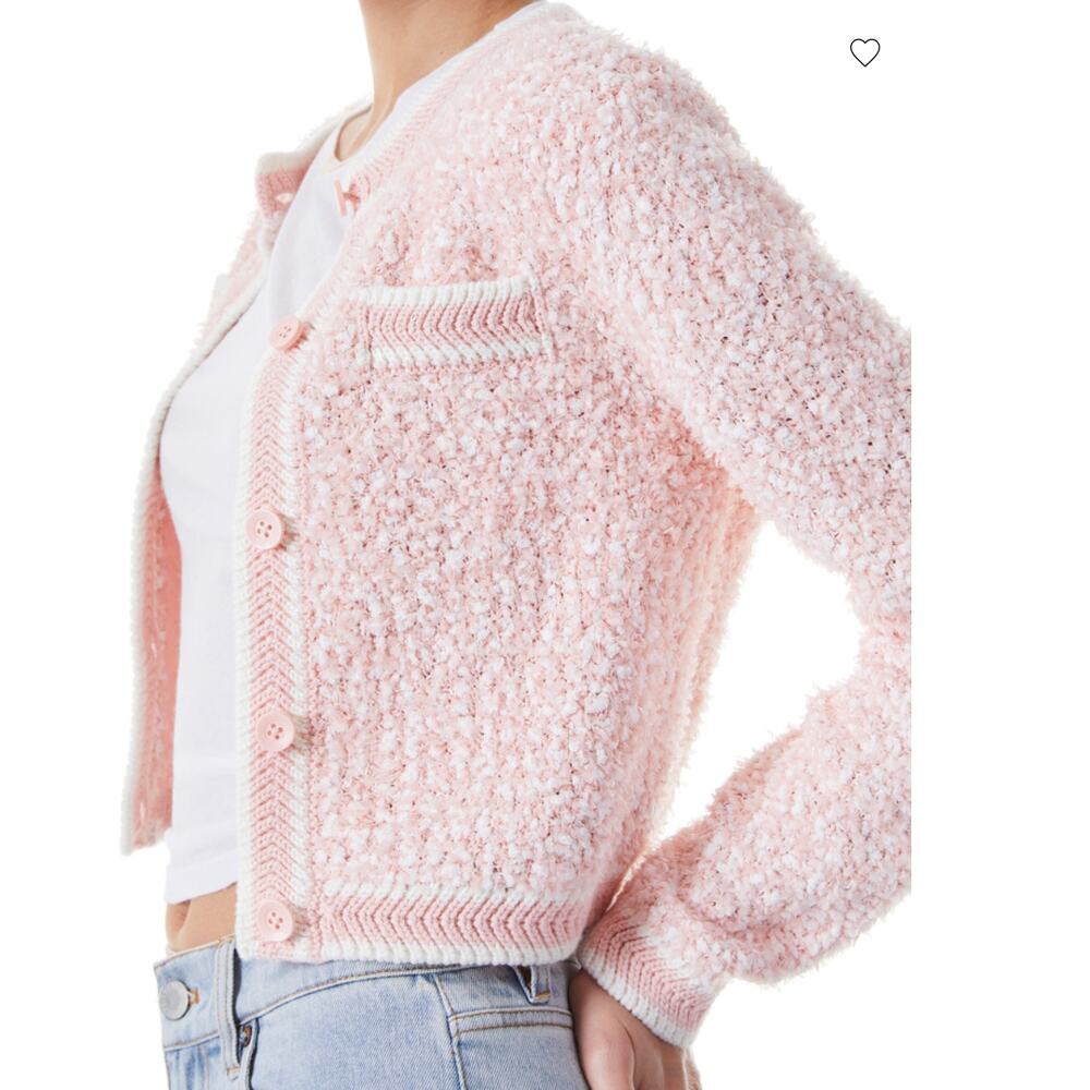 Alice + Olivia Noella Cropped Cardigan Medium Pink Boucle Knit Crew Button Front - Picture 11 of 15